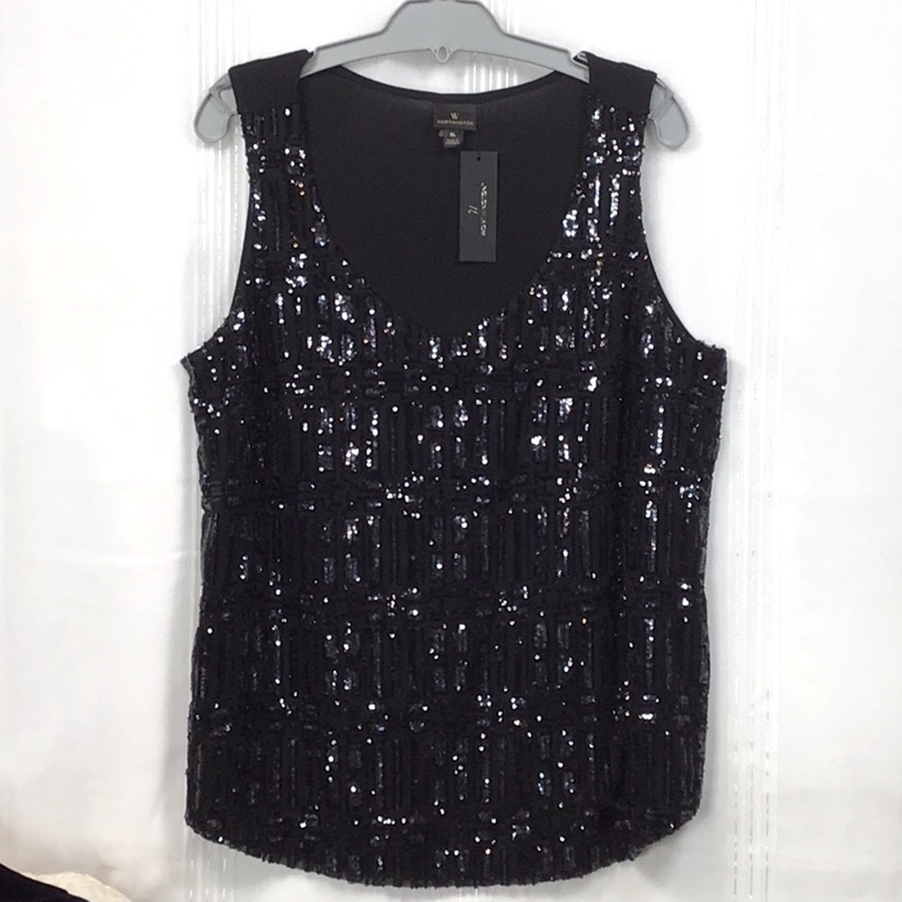 🆕 Worthington Black Knit Navy Sequined Sleeveless V-Front Lined Sz.XL